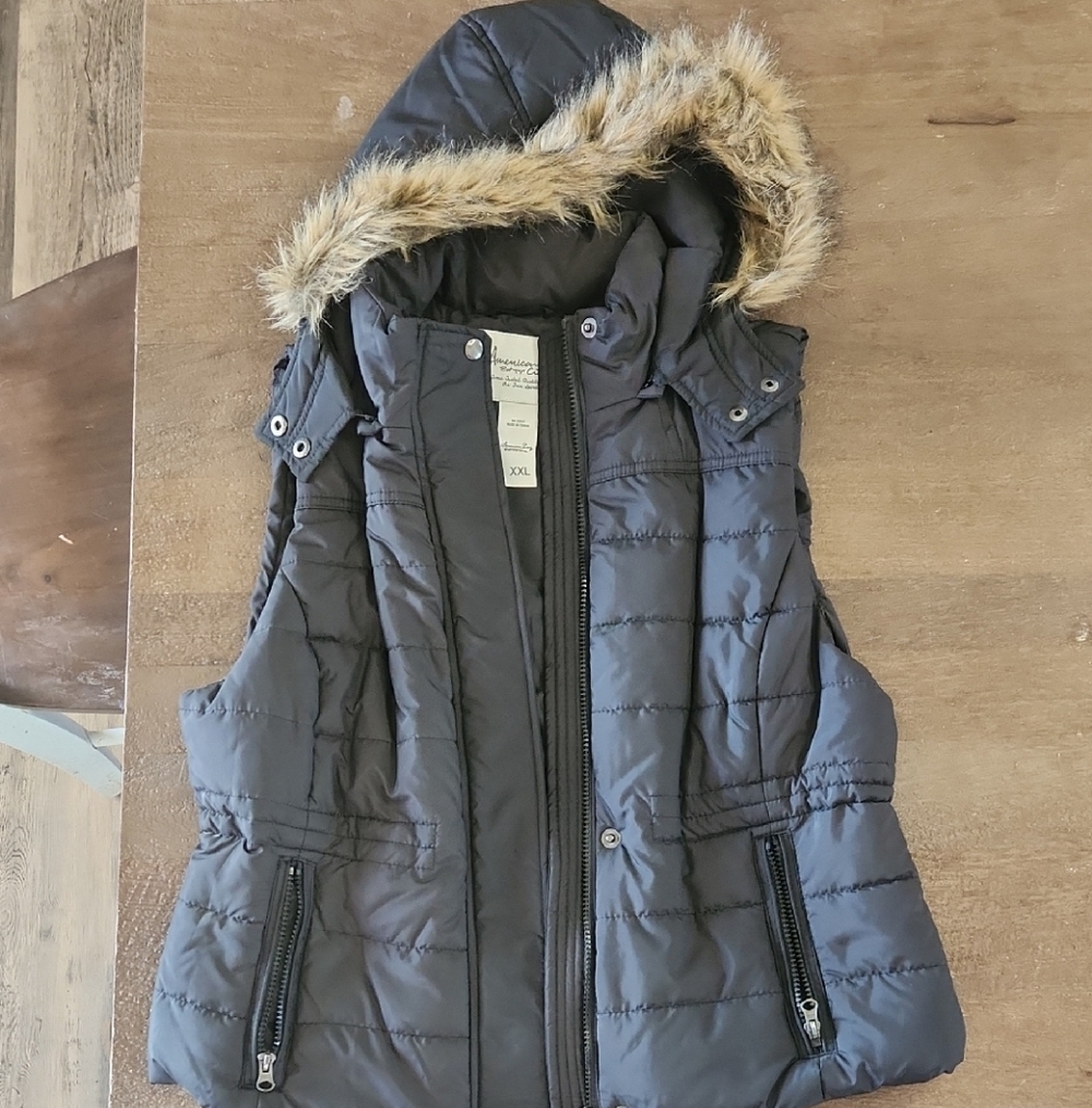 Black Puffer Vest with Faux Fur Hood